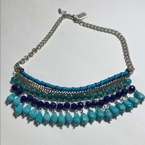 Fairtrade Blue and Silver Statement Necklace with Beaded Layers and Silver Chain